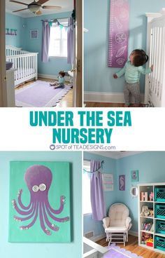 a collage of photos with the words under the sea nursery written in blue and purple