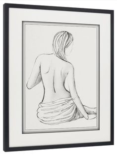 a black and white drawing of a woman sitting in front of a mirror with her back to the camera