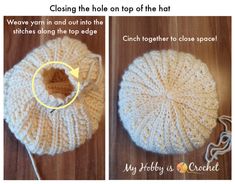 two pictures showing how to crochet the hole on top of the hat