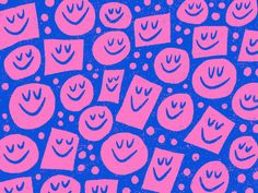 an abstract pattern with pink and blue shapes on a purple background that includes smiling faces