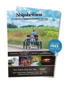 the front and back cover of an amish country indiana travel guide with two people in a horse drawn carriage