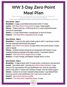 a menu with the words w3 - day zero points meal plan written in purple