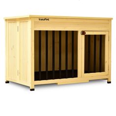 a wooden dog house with the doors open