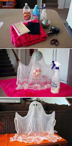 two pictures showing how to make a ghost - shaped halloween costume for someone's house