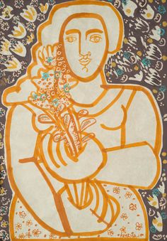 an orange and white drawing of a woman holding flowers in her hands with butterflies around her neck