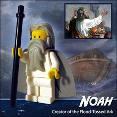 there is a lego man with a staff in front of an image of jesus on the water