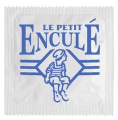 a white and blue napkin with the words le petit encule on it's side