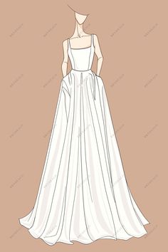 Spaghetti Straps Designer Satin Pockets Wedding Dress Sketch A Line Dress Drawing, Skirts Drawing, Custom Wedding Dress Sketch, Wedding Dress Sketch, Dress Sketch, Wedding Dress Sketches, Sketch Digital, Dress Illustration, Wedding Dress With Pockets