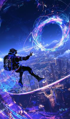 a man flying through the air on top of a purple and blue sky above a city