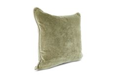 a green velvet pillow on a white background with the back turned to show it's side