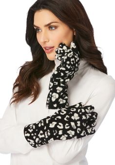 These plus size gloves are essential for cold weather. Wear them with  polyester fleece knit generously designed to provide enough room for your hands, giving you the ultimate comfort and style  machine wash for easy care imported    Plus size gloves - fleece golves, one size fits most   In Style Now! Fleece is everywhere this season! Stay warm and look stylish in our effortlessly chic gloves.   | Women's Fleece Gloves by Accessories For All in Black Graphic Spots Hands Giving, Natural Essence, Fleece Gloves, Occasion Dresses Wedding, Knit Machine, Gloves Black, Weather Wear, Tunic Tank Tops, Career Dress