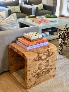 a living room filled with furniture and books on top of a wooden table in front of a gray couch