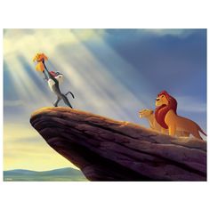 the lion king and his family are standing on top of a cliff