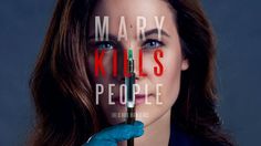 the poster for mary kills people shows a woman in blue gloves holding a syil