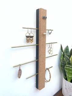 a wall mounted earring holder next to a potted plant