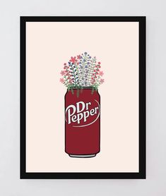 a red can with flowers in it and the words dr pepper on it is shown