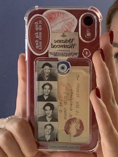 a woman holding up a cell phone case with photos on the front and back cover