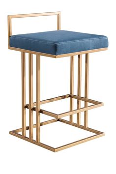 a gold metal bar stool with blue upholstered seat and square back cushion on an isolated white background