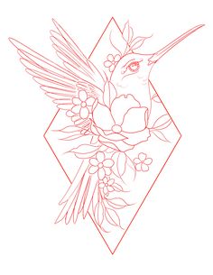 a drawing of a hummingbird with flowers in its beak