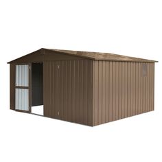 a brown shed with the door open on a white background and no one in it