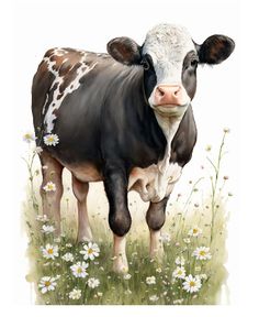 a black and white cow standing in the grass with daisies on it's side