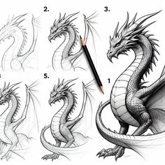 how to draw a dragon with pencils in stages and then it's been drawn