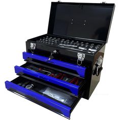 an open tool box with three drawers and tools in it's bottom compartment, on a white background