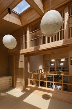 two large white balls hanging from the ceiling in a room with wood paneling and windows