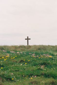 a large cross in the middle of a field with wildflowers and grass around it