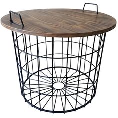 a round table with metal wire and wood top