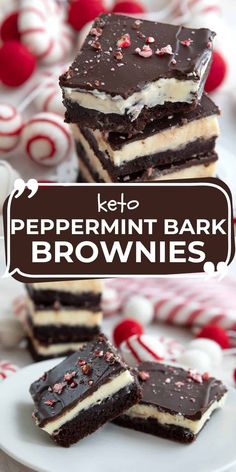 keto peppermin bark brownies stacked on top of each other