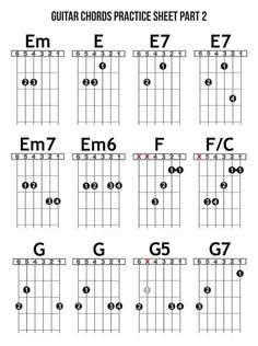 the guitar chords practice sheet for begin to learn how to play an e, f and g