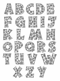 the alphabet is made up of flowers and letters that have been drawn in black ink