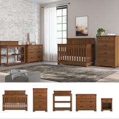 a baby crib and dresser in a room with white brick walls, carpeted flooring and wooden furniture