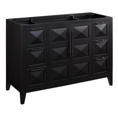 Add dimension to your primary suite or bathroom with the 48" Holmesdale Vanity. Set in a rich black color, this commanding vanity features pyramid-shaped panels along the surface of the cabinet. Its mahogany build boasts six drawers and a storage compartment that are adorned with soft-close hinges and slides to yield smooth, quiet operation while in use. Leveler feet are included to ensure your new vanity sits properly on uneven surfaces. Pair with your own vanity top to complete the look. | 48" Mahogany Vanity, Polished Nickel Faucet, Clawfoot Tub Shower, Pedestal Tub, Vanity Black, Wall Mount Sinks, Fireclay Farmhouse Sink, Japanese Soaking Tubs, Console Sink