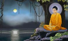 a painting of a buddha sitting on a rock in front of the ocean at night