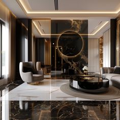 an elegant living room with marble floors and walls