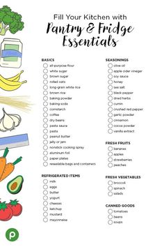 a list of fruits and vegetables with the words fill your kitchen with pantry & fridge essentials