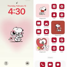 an iphone screen showing the calendar and icons for valentine's day, with snoopy characters