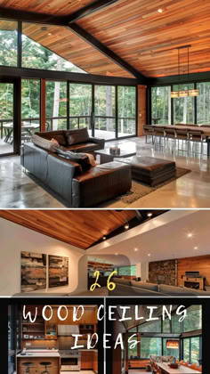 the inside and outside of a house with wood ceilings