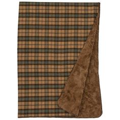 a brown and black plaid blanket on top of a white background with an animal print