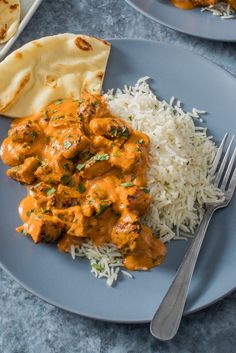 a blue plate topped with rice and meat covered in gravy next to a flatbread