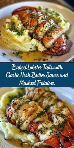 baked lobster tails with garlic herb butter sauce and mashed potatoes