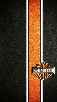 the harley davidson logo is shown on an orange and black leather background with white stripes