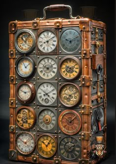 an old suitcase with many different clocks on the front and sides, all in various colors