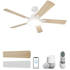 a white ceiling fan with remote control and other accessories including an alarm clock, light bulb, and phone