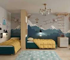 a bedroom with two beds and a mountain mural on the wall