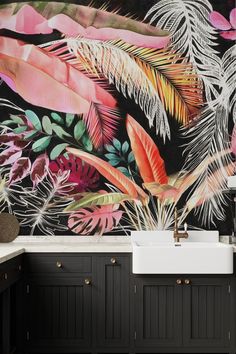 Image of Tropical Foliage Wallpaper Tropical Kitchen, Botanical Display, Night Garden, Vintage Pattern Design, Wallpaper Modern, Tropical Foliage, Plant Pattern, Forest Flowers, Nature Wall