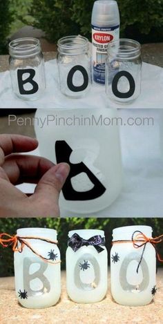 mason jars decorated with halloween decorations and the words boo on them