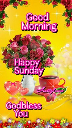 good morning card with roses and coffee in vase on yellow background, happy sunday wishes